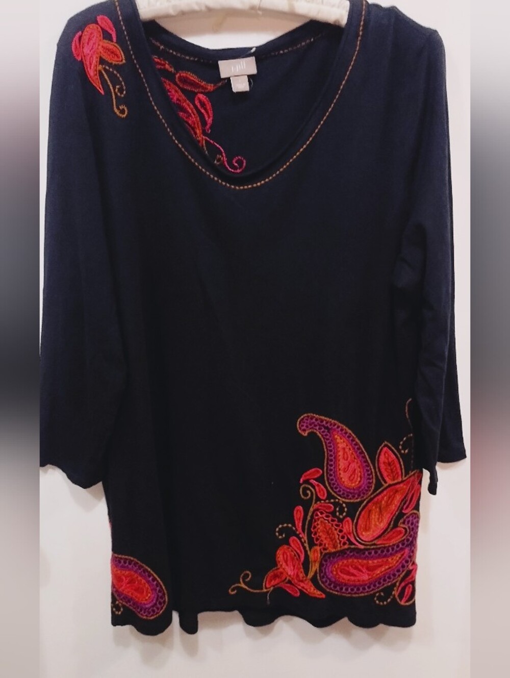 J. Jill Embroidered Paisley Tunic Top Black 3/4